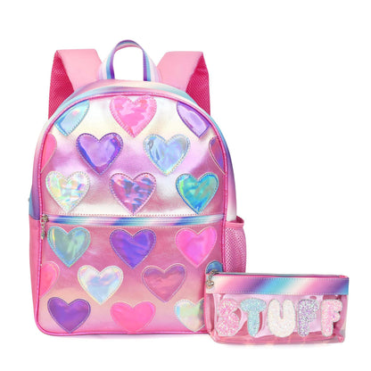 Metallic-Heart-Patched Large Backpack w/Pencil Case