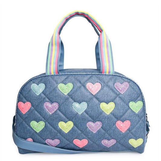 Glitter Heart-Patched Quilted Denim Medium Duffle Bag