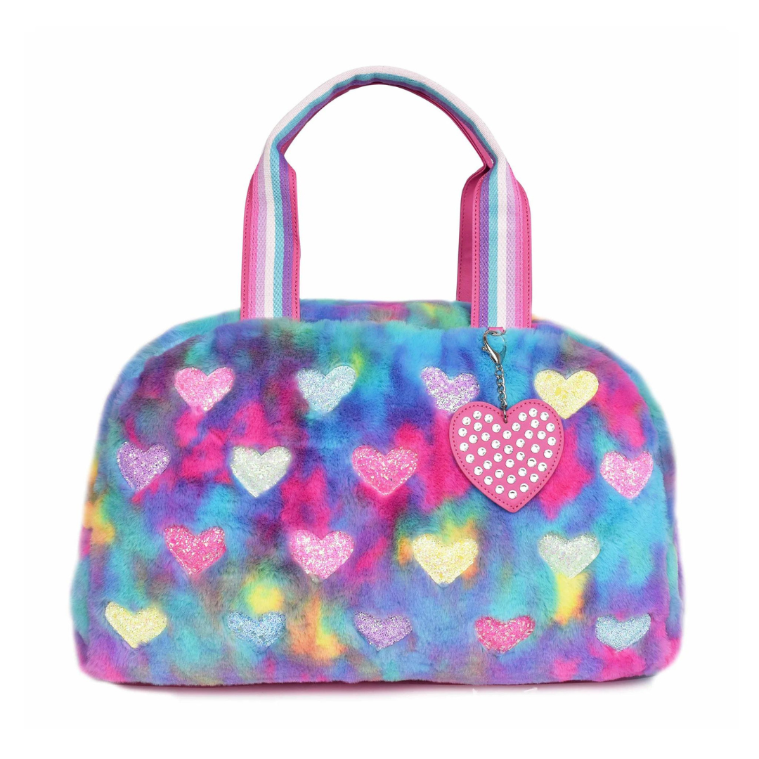 Plush Tie-Dye Heart-Patched Medium Duffle Bag